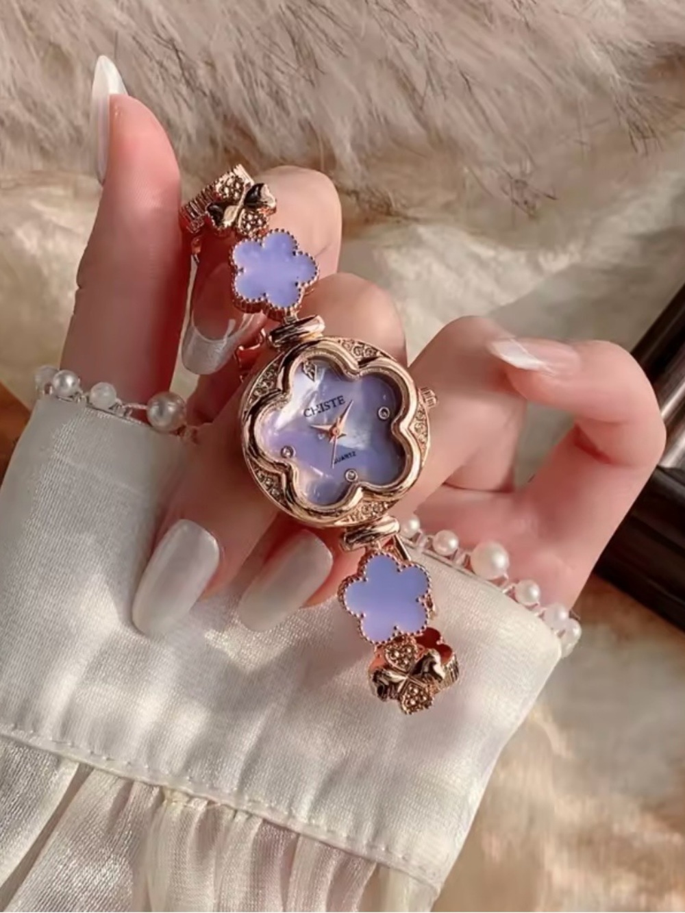 Lavender Clover Bracelet Watch with Rose Gold Accents